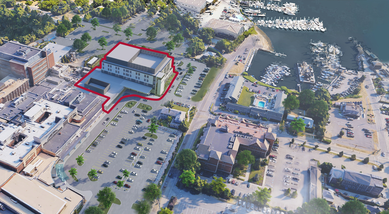 Aerial rendering of Cape Cod Hospital showing its close proximity to Lewis Bay and Hyannis Marina.